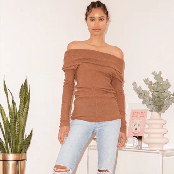 Free People Snowbunny Brown Ribbed Knit Off-the-Shoulder Sweater Top - Picture 3 of 10